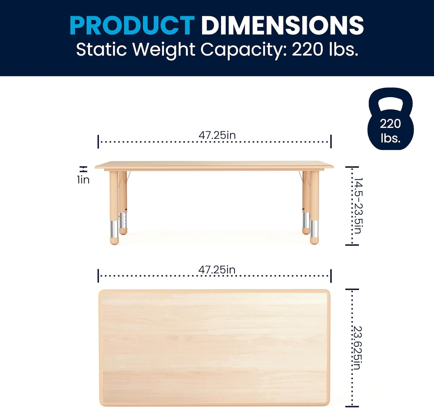 Flash Furniture Wren Adjustable Classroom Activity Table for School and Home, Plastic Activity Table for Kids, 23.625" W x 47.25" L, Natural