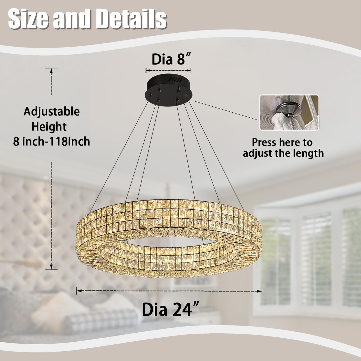 Dia 24" Modern Crystal Chandelier Black Ring Chandelier Adjustable Height Luxury Crystal Pendant Ceiling Light Fixture for Dining Living Room Bedroom
