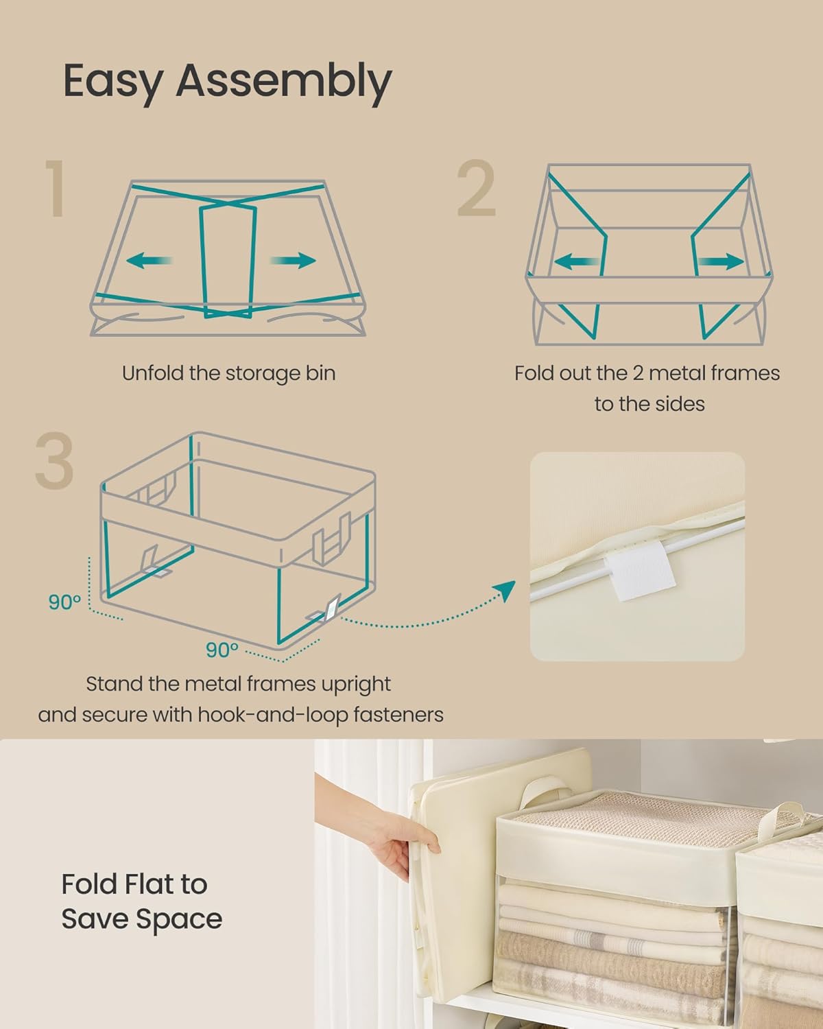 SONGMICS ClosetOrganizers Set of 3, Medium Fabric Storage Baskets, Foldable Organizer with Transparent Nylon Mesh, 15.7 x 11.8 x 9.8 Inches, Handles, for Bedroom, Living Room, Cream White URFB940W01