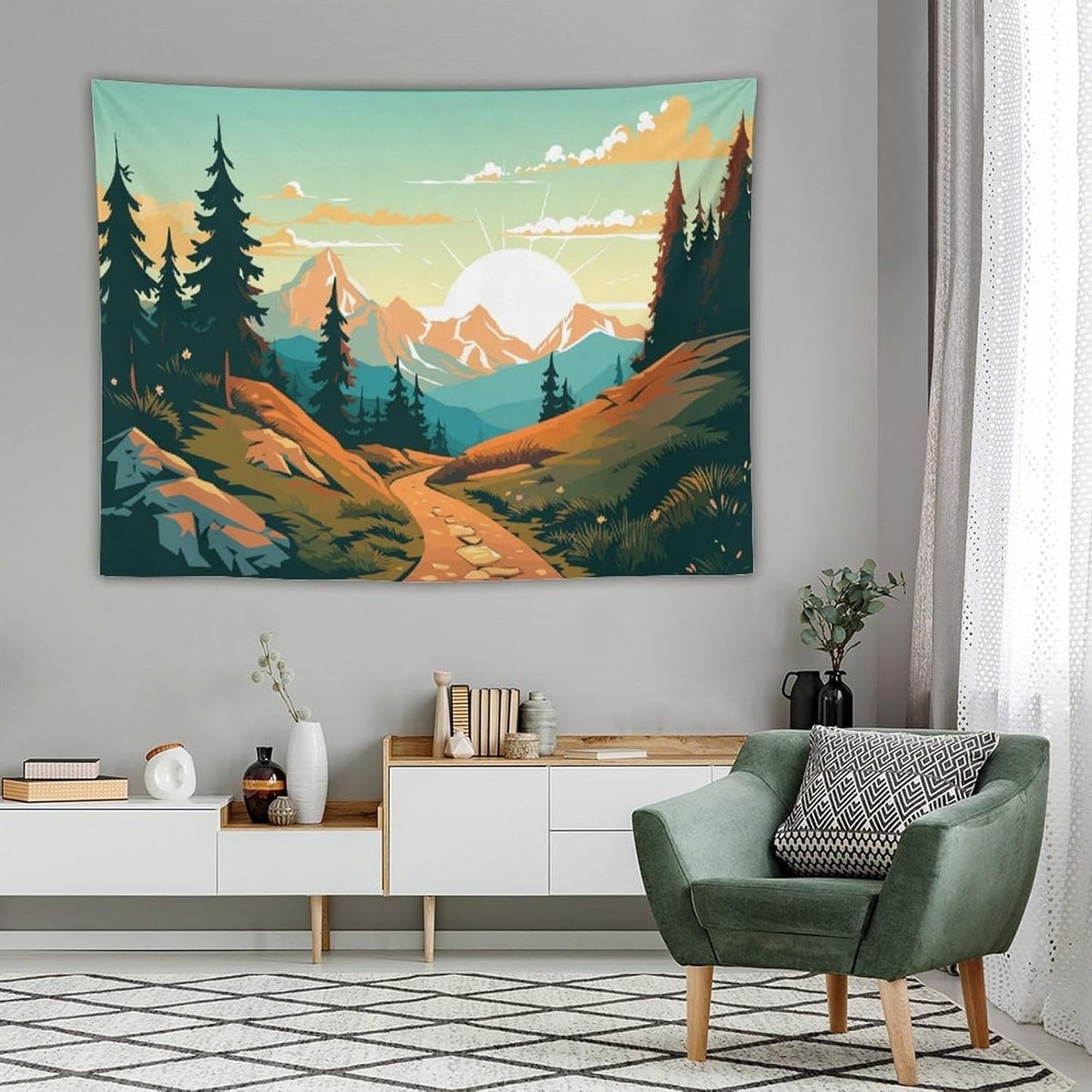 HZOHNAGO Mountain Tapestry Forest Mountain Sunrise Road Pattern Printed Wall Tapestry Wall Hanging for Bedroom Living Room Dorm 80" W x 60" H