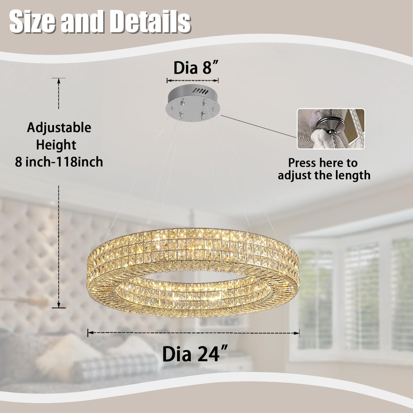 Dia 24" Modern Crystal Chandelier Silver Ring Chandelier Adjustable Height Luxury Crystal Pendant Ceiling Light Fixture for Dining Living Room Bedroom