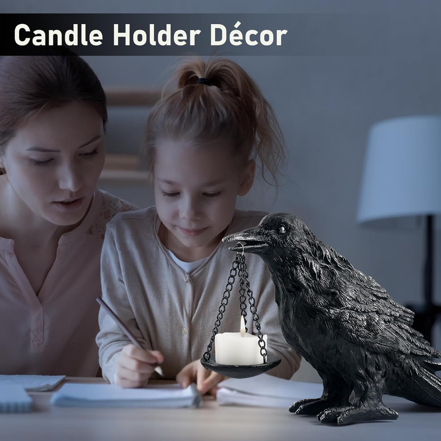 Raven Gothic Home Decor Fake Crow Light Holder Raven Lamp Tealight Candle Holder Resin Raven Statue Wearing Silver 2PCS