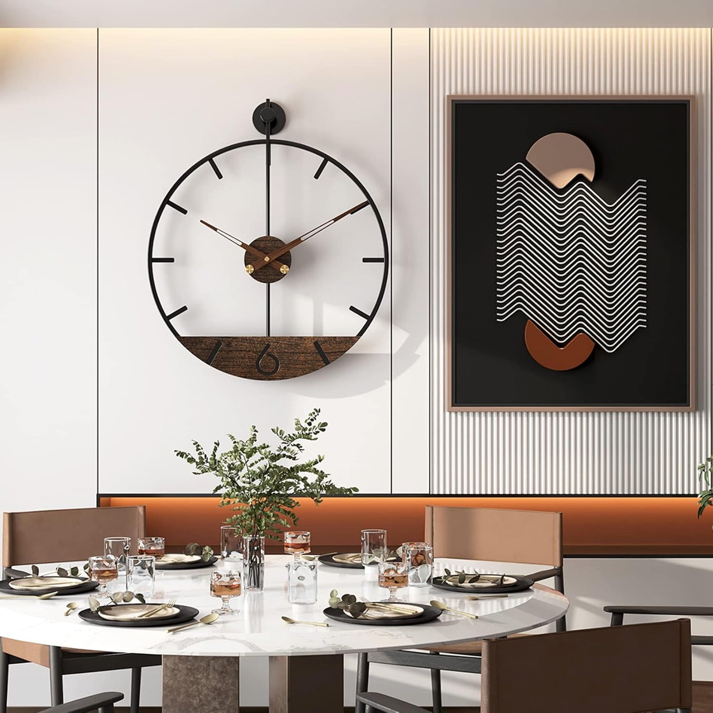 Modern Wood Walnut Dial Wall Clock, Large Simple Wall Decor Metal Frame Silent Non Ticking Clock for Living Room, Kitchen, Bedroom, Study Decoration, Handmade Home Present Idea, 29.5 in