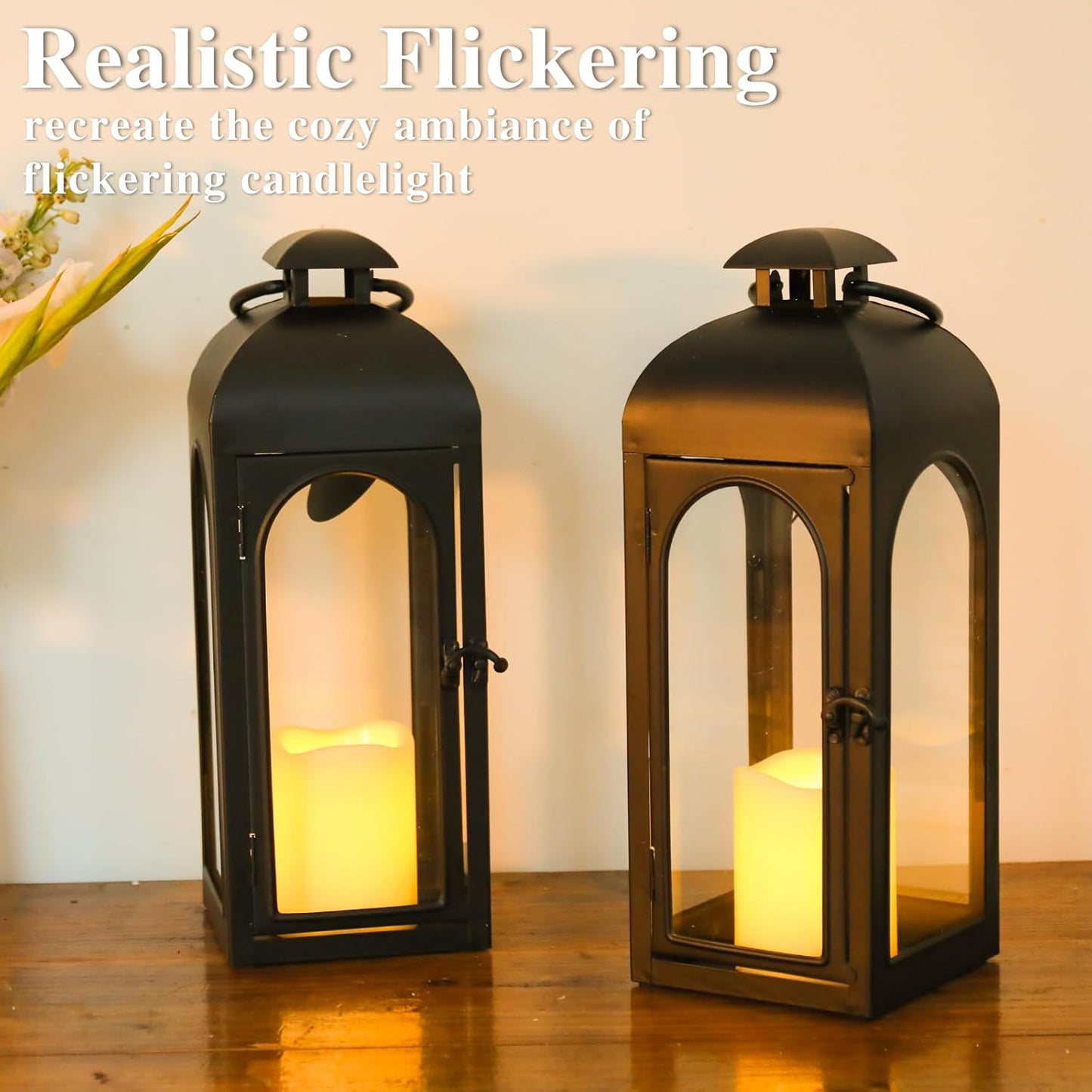 Bdor 2 Pack 16 Inches Metal and Tempered Glass Decorative Lantern with Electronic Wax Effect - Indoor/Outdoor Decorative Lighting, Handcrafted Aesthetic, Perfect for Home, Parties, and Holiday Decor