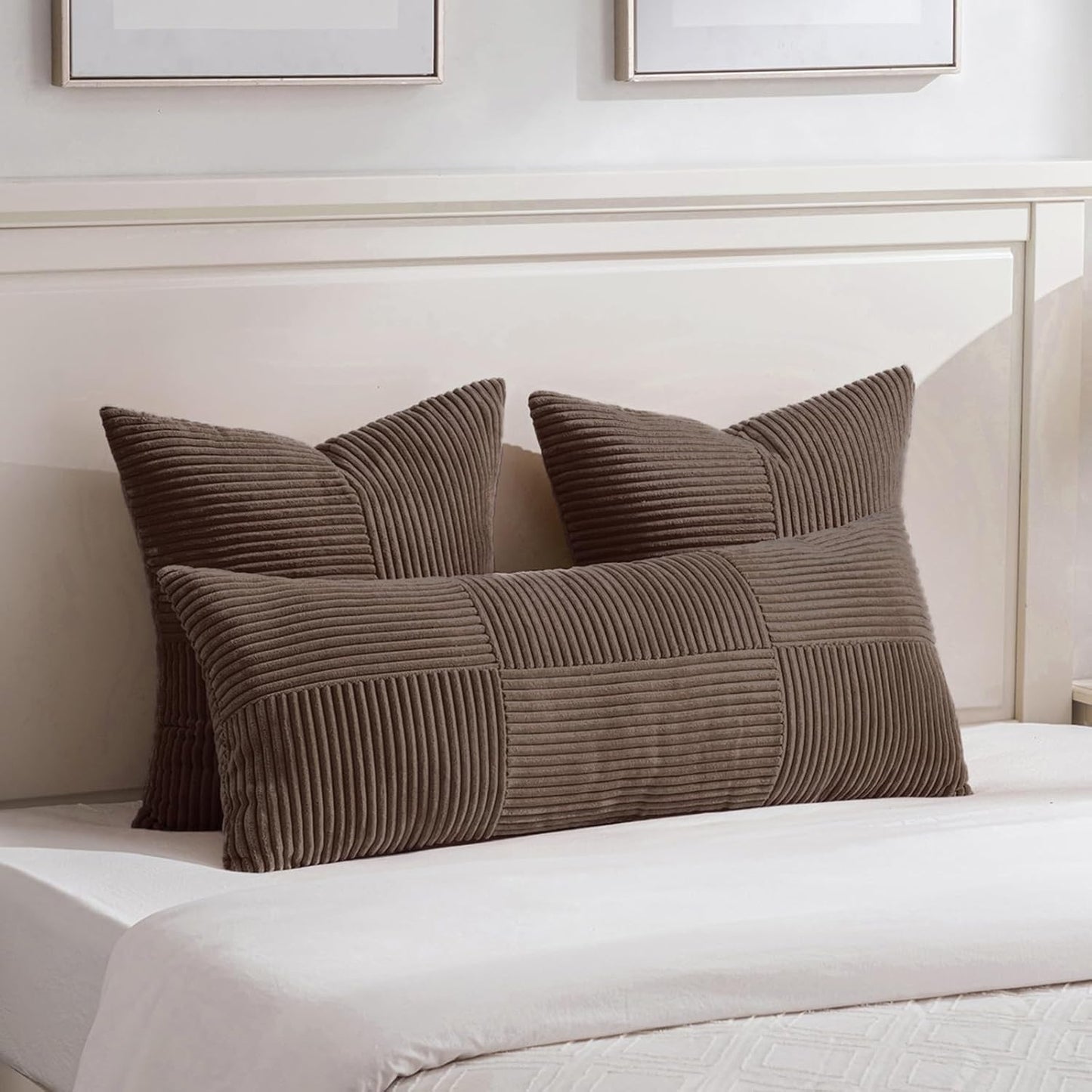 Fancy Homi 2 Packs Dark Brown Euro Decorative Throw Pillow Covers 26x26 Inch for Couch Bed, Rustic Farmhouse Boho Home Decor, Soft Corss Corduroy Patchwork Textured Square Cushion Case 66x66 cm