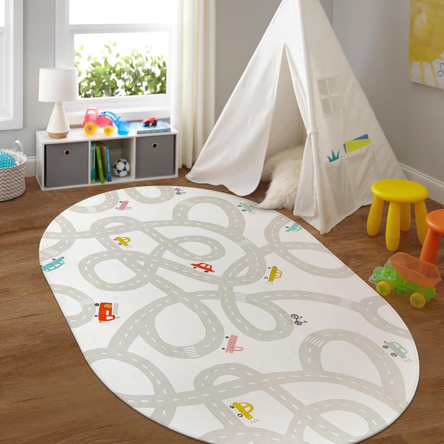 STARUIA Grey Kids Rug for Playroom, 5'x7' Washable Road Rug for Kids Bedroom, Non-Slip Car Rugs for Nursery, Large Traffic Play Mat Utral Soft Baby Carpet for Boys Girls Dorm Toy Room Tent