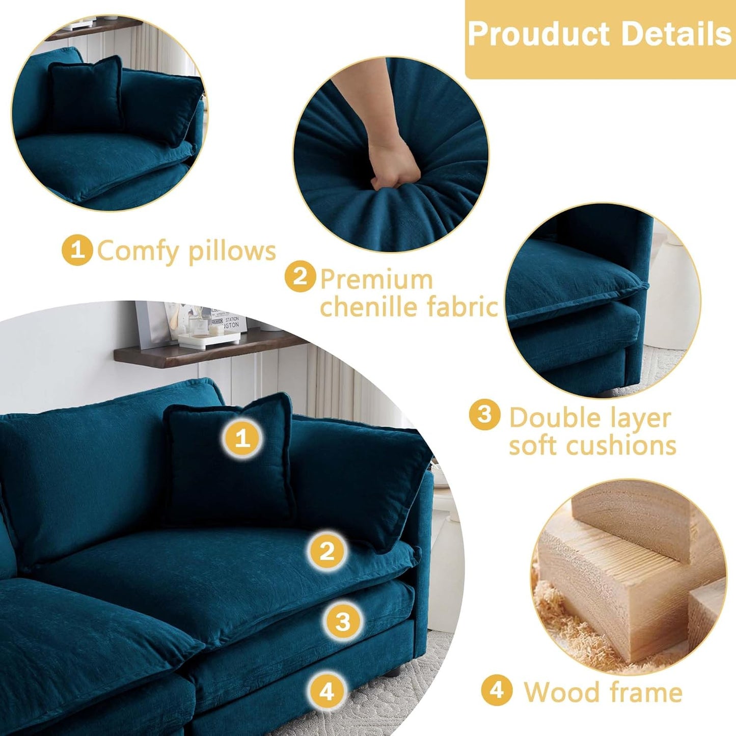 Sectional Sofa 3 Seater with Movable 2 Ottomans,Oversized Modular Couch Deep Seat (Blue, 111.5 inch-U)