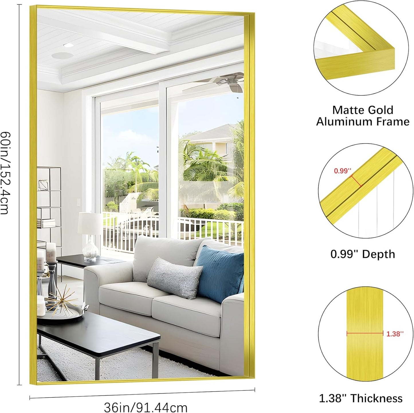 Gold Bathroom Mirror, 36x60 Inch Rectangular Deep Frame Mirror, Large Wall Mounted Bathroom Vanity Mirror Over Sink for Bedroom,Restroom, Living Room, Hangs Vertically or Horizontally