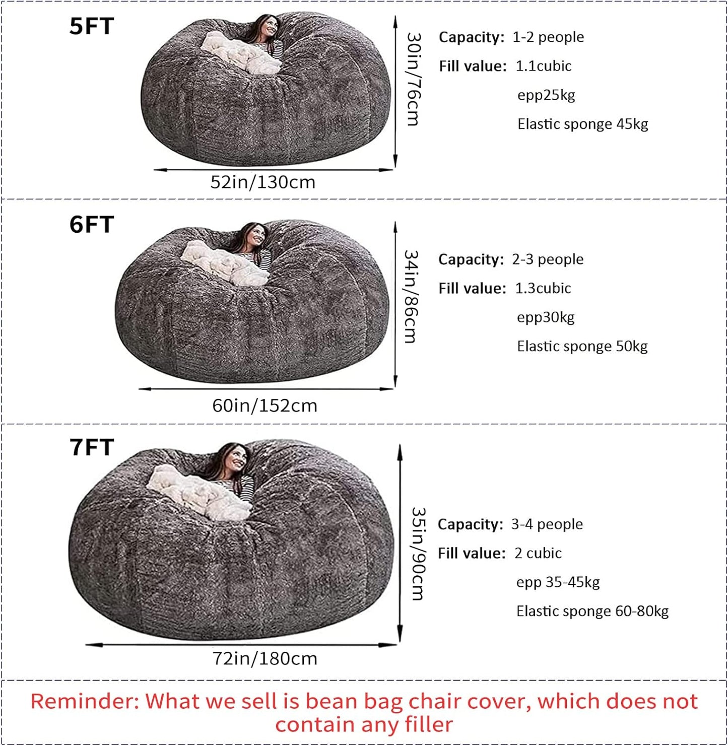 Big Huge Giant Bean Bag Chair for Adults, (No Filler) Bean Bag Chairs in Multiple Sizes and Colors Giant Foam-Filled Furniture - Machine Washable Covers, Double Stitched Seams (White,5FT)