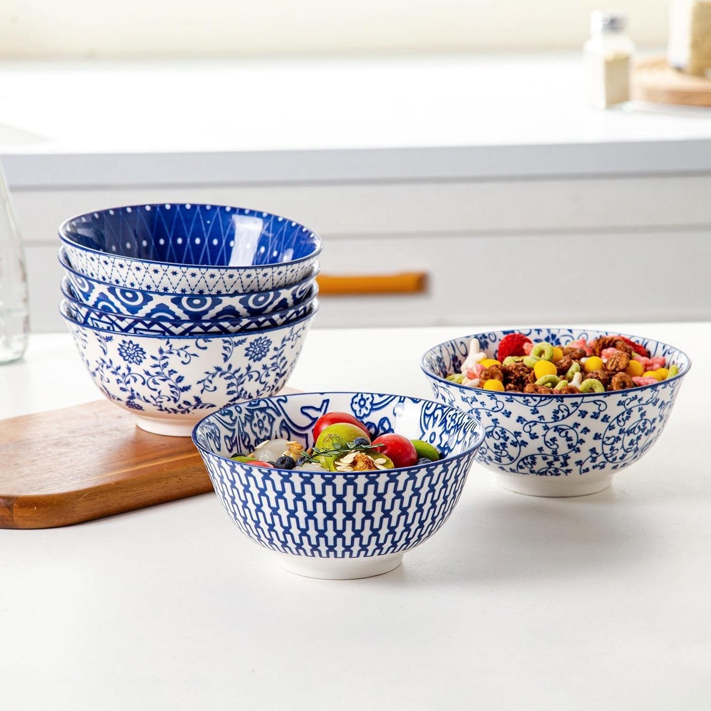 Ceramic Soup Bowls Set - 24 Oz Deep Cereal Bowl for Kitchen - 6 Inch Large Porcelain Dinner Bowl Eating Salad Pasta Dessert Oatmeal - Microwave Dishwasher Safe - Set of 6 - Vintage Blue