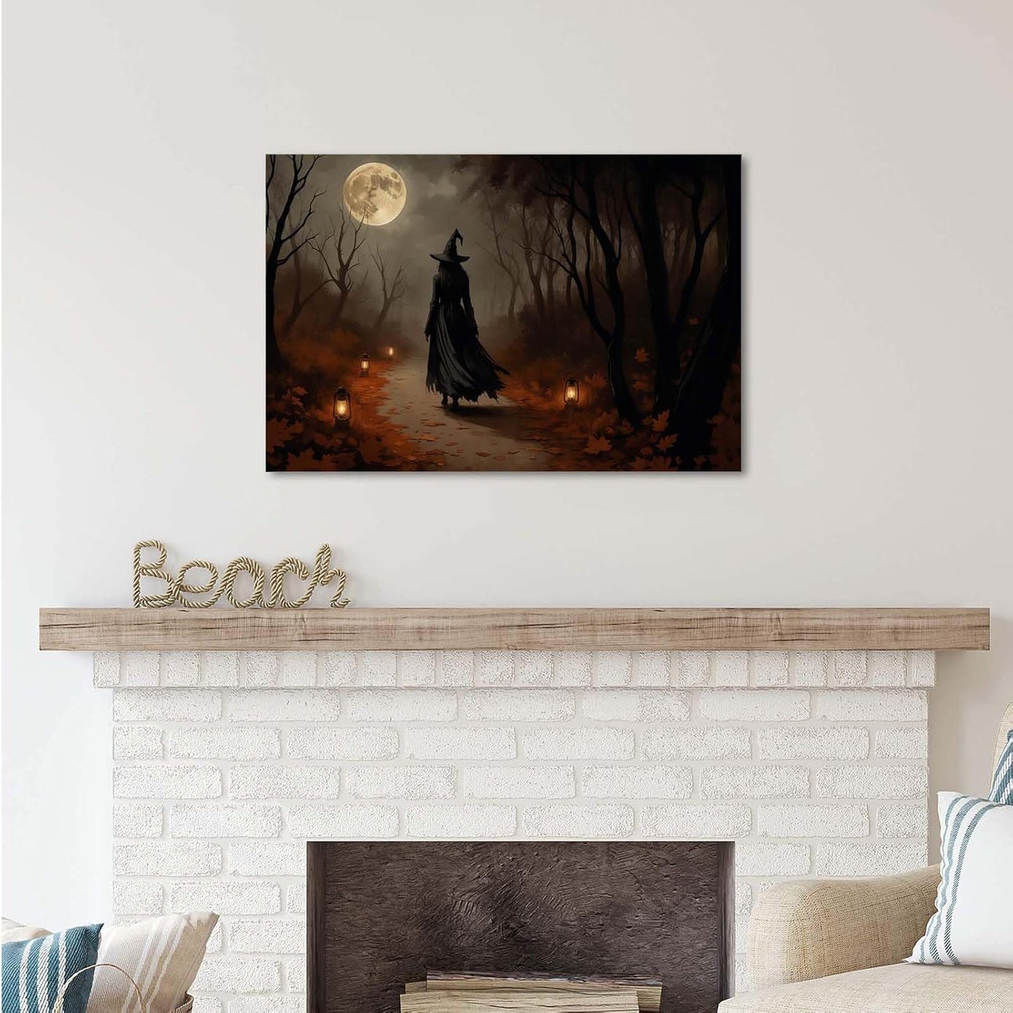 Moonlight witch poster dim lantern Halloween decoration Gothic style dark retro college style canvas wall art suitable for living room bedroom12x16in Wood Framed