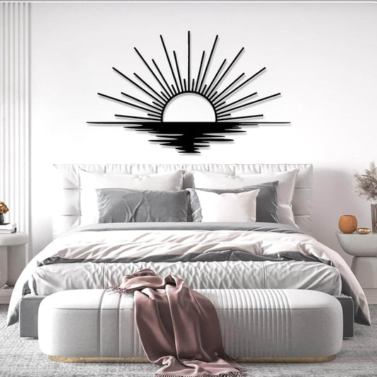 Sunrise Metal Wall Art, Metal Sun Wall Decor, Sun Outdoor Wall Art, Abstract Sunrise Wall Decor, Boho Home Hanging, Living Room Wall Hanging (Black, 41"x25"/105x63cm)