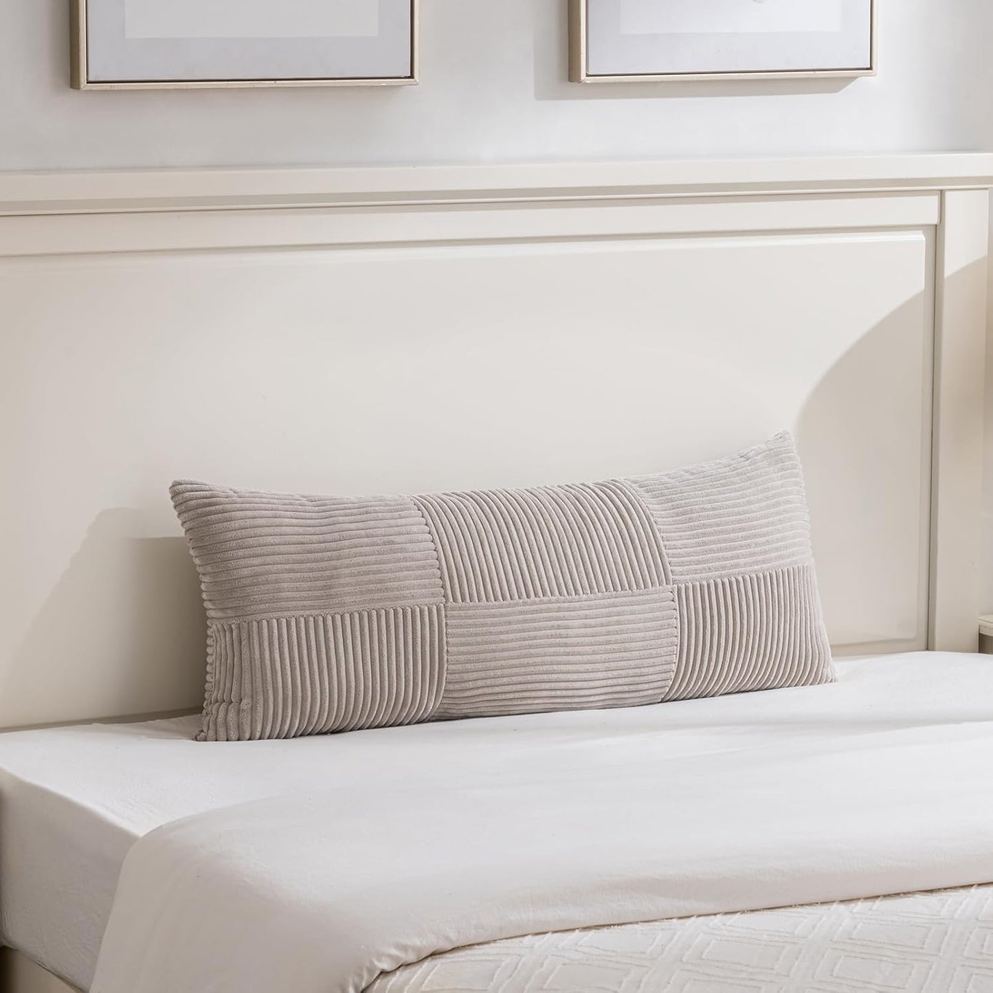 Fancy Homi Set of 2 Neutral Taupe Boho Long Lumbar Body Decorative Throw Pillow Cover 14x36 Inch for Bed Couch Bedroom Bench, Soft Patchwork Corduroy Textured Pillow Case, Farmhouse Room Decor