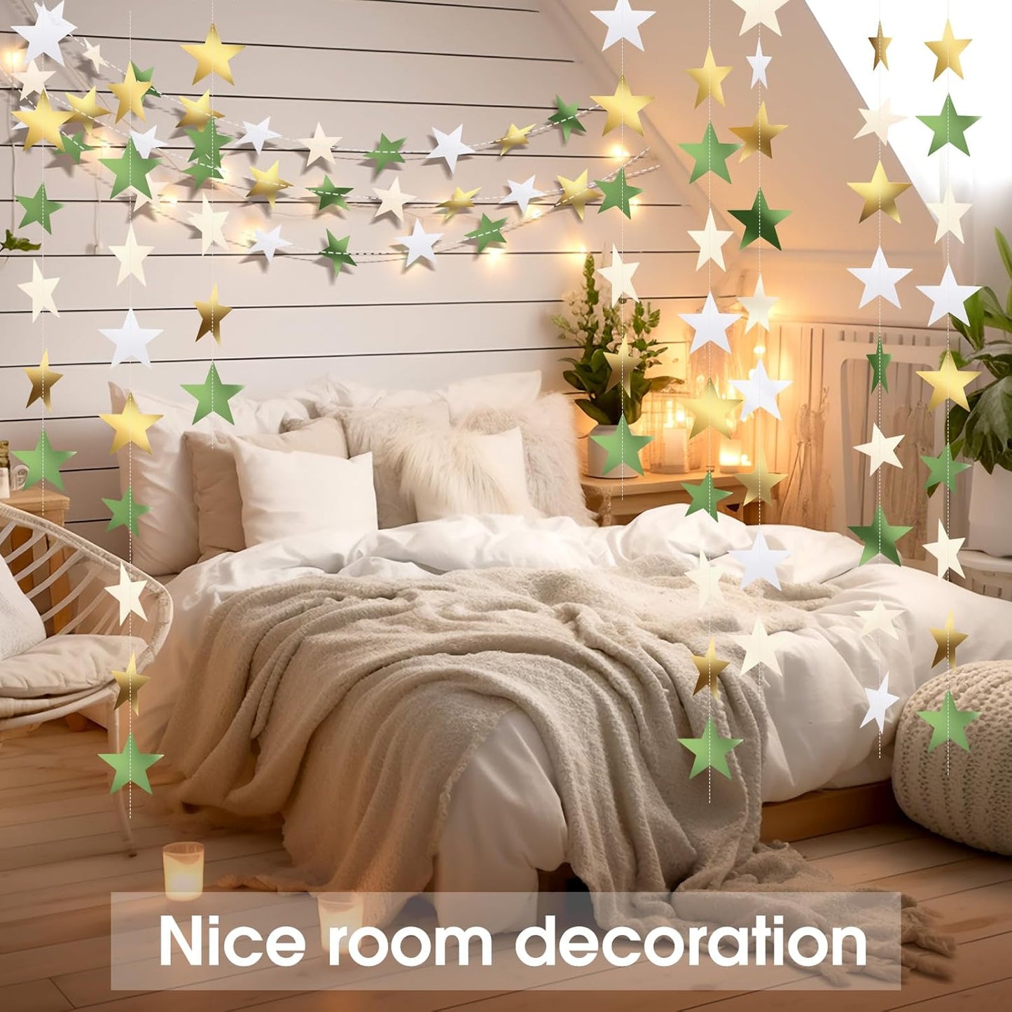 Patelai Glitter Star Garland Banner Decor 130 Feet Star Hanging Bunting Banner Twinkle Backdrop for Homecoming Classroom Wedding Birthday Halloween Christmas Party Supplies(Sage Green, Gold, White)