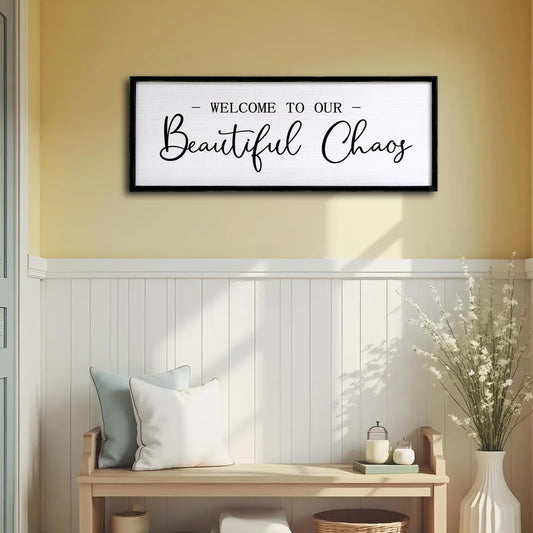 Welcome To Our Beautiful Chaos Sign Wall Decor Framed Wood 32X12 Inch For Rustic Home Living Room Entryway Bedroom Hanging Art (Wood)