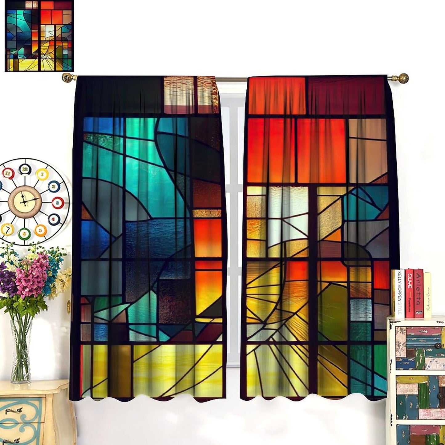 Stained Glass Curtains,Retro Abstract Colorful Geometry Textures Art Home Decor Drapes for Bedroom Living Room Kitchen Window Treatment 2 Panels Set Total Size 42" W X 45" L Inch