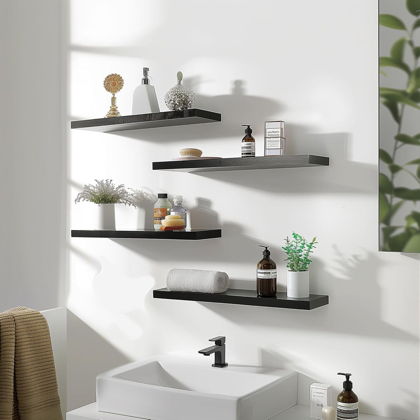 Wood Floating Shelves for Wall Decor, Rustic Wall Shelves for Bedroom Bathroom Kitchen Living Room, Set of 4 Black 24 Inch