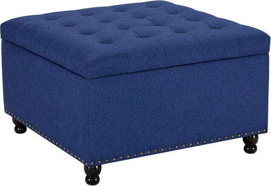Tbfit Large Square Storage Ottoman Bench, Botton Tufted Upholstered Coffee Table Ottoman with Solid Wood Legs, Oversized Storage Ottomans Toy Box for Living Room (Blue)