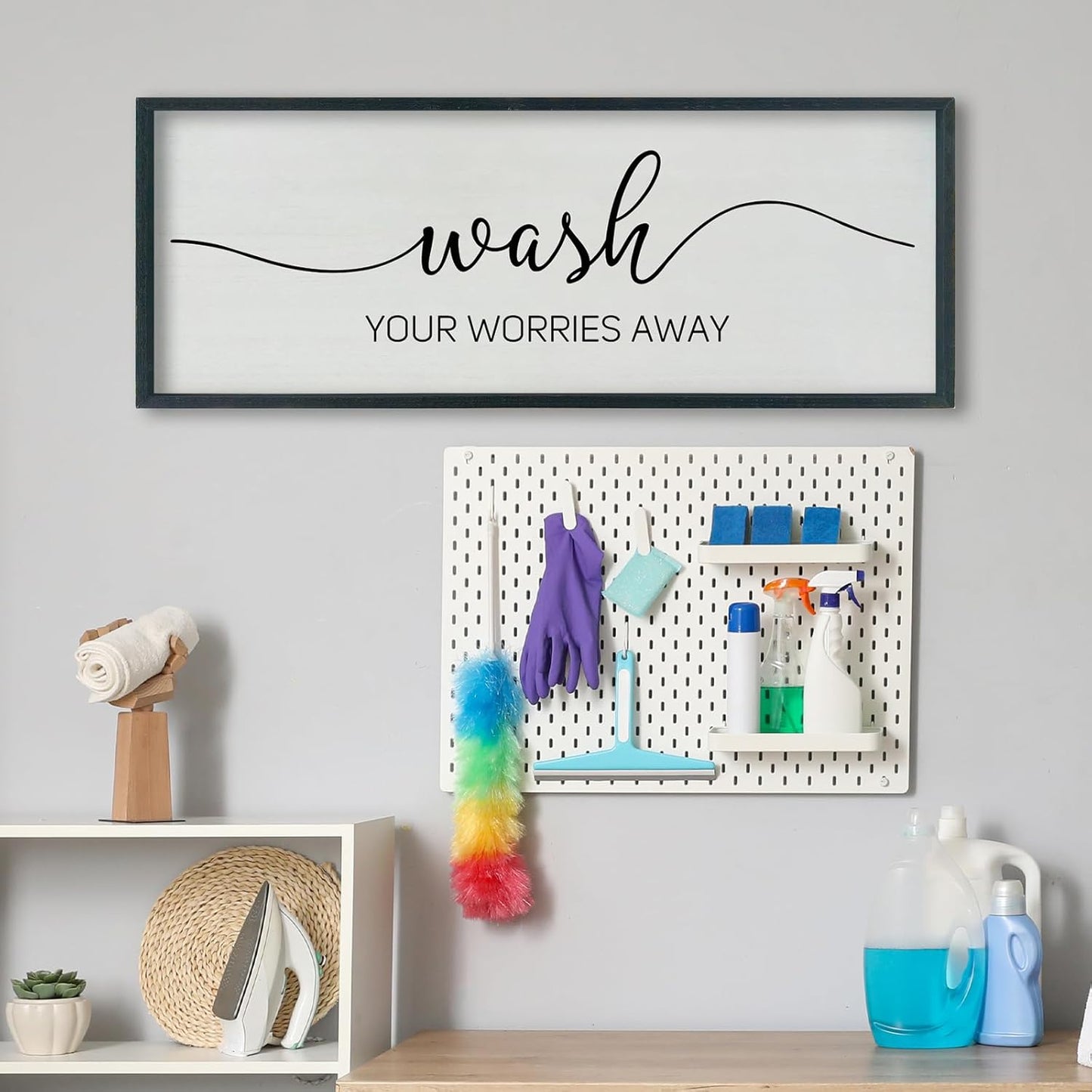 SRSZHIYUE Wash Your Worries Away Bathroom Sign Wall Art 40"x15" Funny Restroom Toilet Large Wood Framed Hanging Decor (Black)