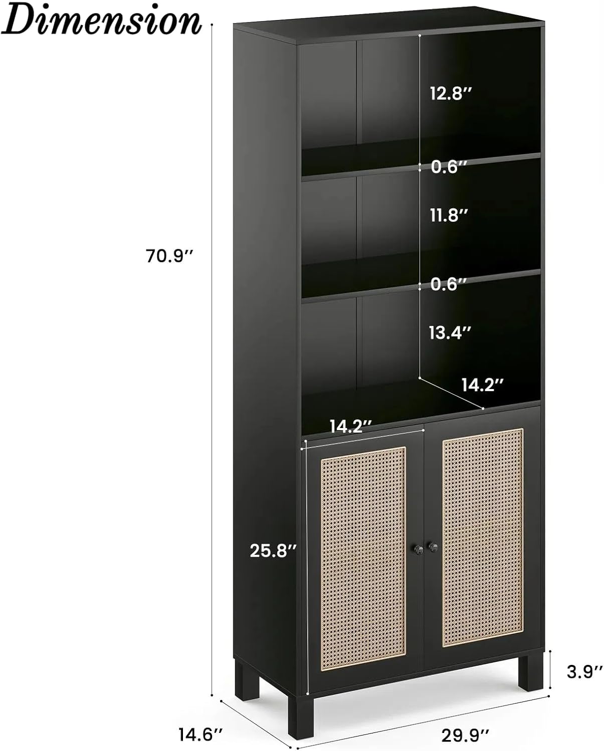Tall Bookshelf, 5-Tier Book Shelf with 2 Rattan Doors, Freestanding Bookcase Display Shelves with Large Storage, Book Case for Living Room, Office, Study, Bedroom, 70.9 Inch