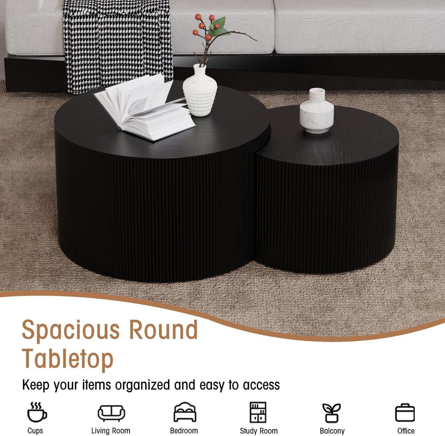 Round Nesting Coffee Table Wood Drum Nesting Tables Modern Stacking Coffee Table Set of 2 Fluted Center Table End Table for Living Room Home Office Small Spaces, No Assembling (Black Crescent)