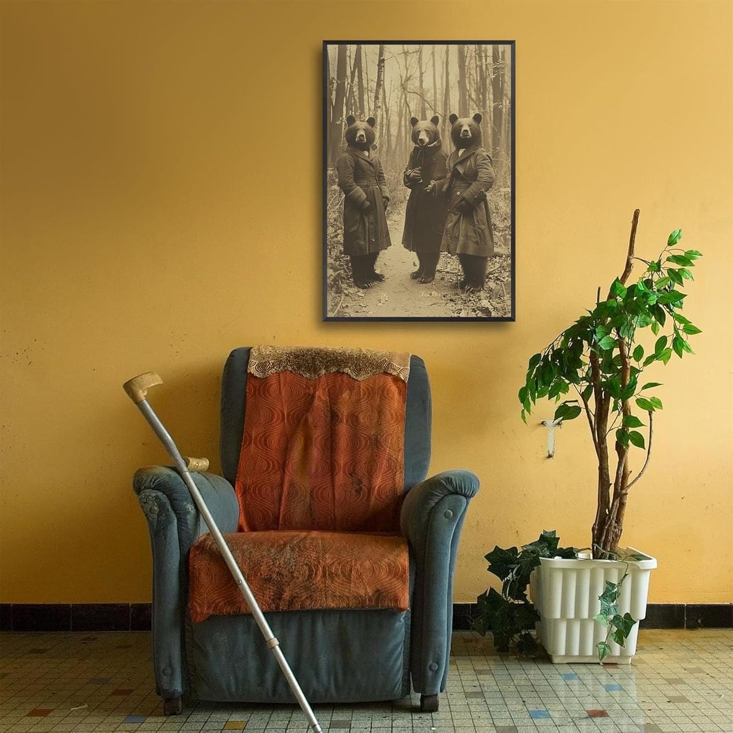 Vintage Horror Halloween Wall Decor Spooky The Three Bears In Occult Forest Spooky Canvas Wall Art Poster Gothic Dark Academia Decorations Room Creepy Print 16X24inch Aluminum Framed