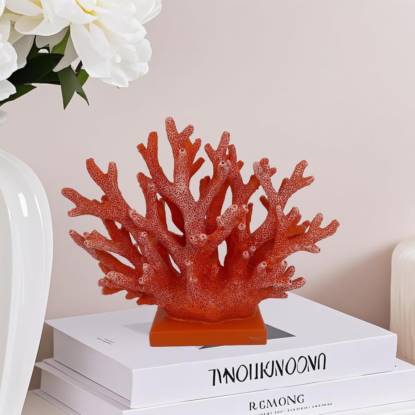 5.8" H Red Orange Coral Decor - Resin Coral Statue, Nautical Decor for Home, Bedroom, Bathroom, Living Room, Ocean Themed Cabinet Shelf Tabletop Decoration