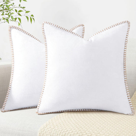 decorUhome Chenille Soft Throw Pillow Covers 22x22 Set of 2, Farmhouse Velvet Neutral Decorative Euro Pillow Covers with Stitched Edge for Couch Sofa Bed Home Decor, White