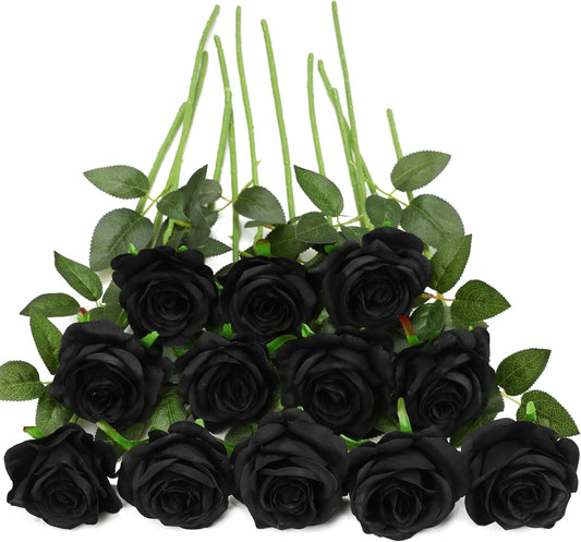 Black Fake Roses Artificial Flowers - 10 Pcs Fake Artificial Roses Silk Flowers with Stems for Home Wedding Hotel Office Centerpiece Decor
