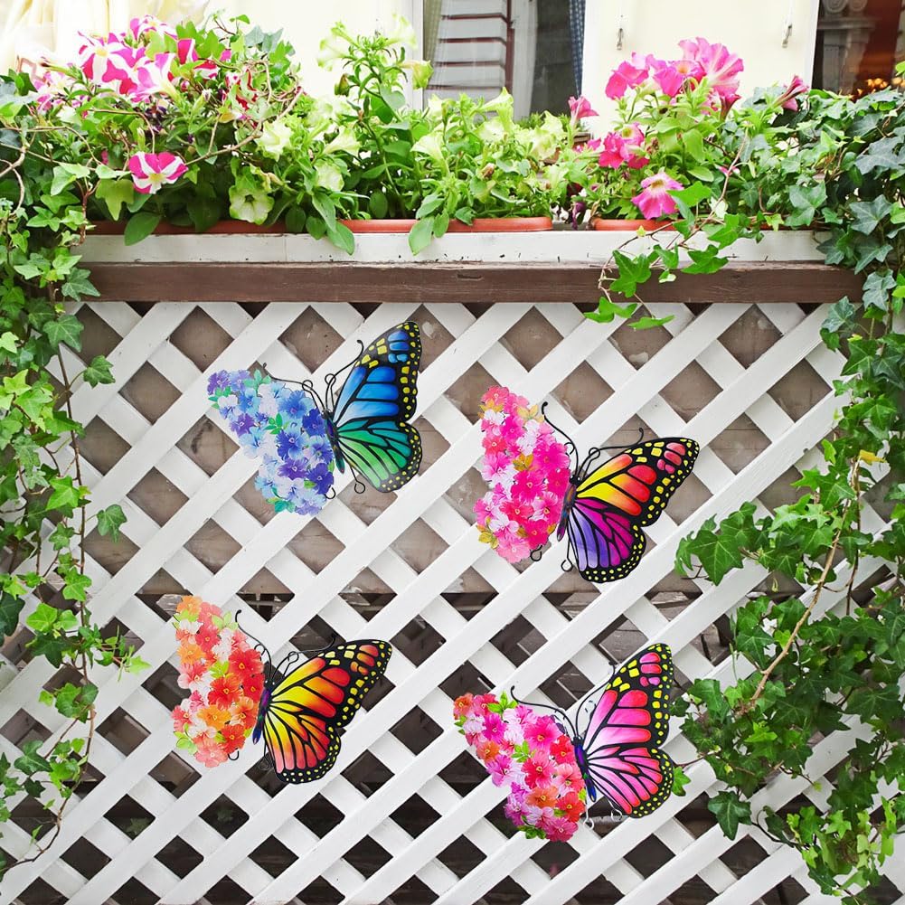 Metal Butterfly Wall Decor, 9.6" Outdoor Wall Decor Metal Yard Art, Flowers Wings Butterfly Outdoor Decor for Garden Patio Fence Outside Living Room Bedroom(4 Pack)