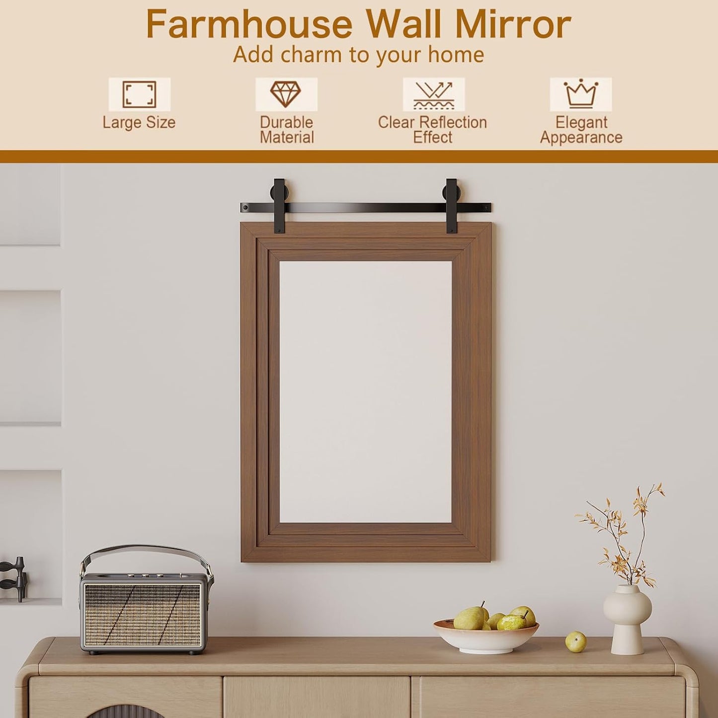 ALBAD Farmhouse Wood Framed Wall Mirror, Natural Wood and Framed Wall Mounted Bathroom Vanity Mirror for Farmhouse Decor, Vertical or Horizontal Hanging