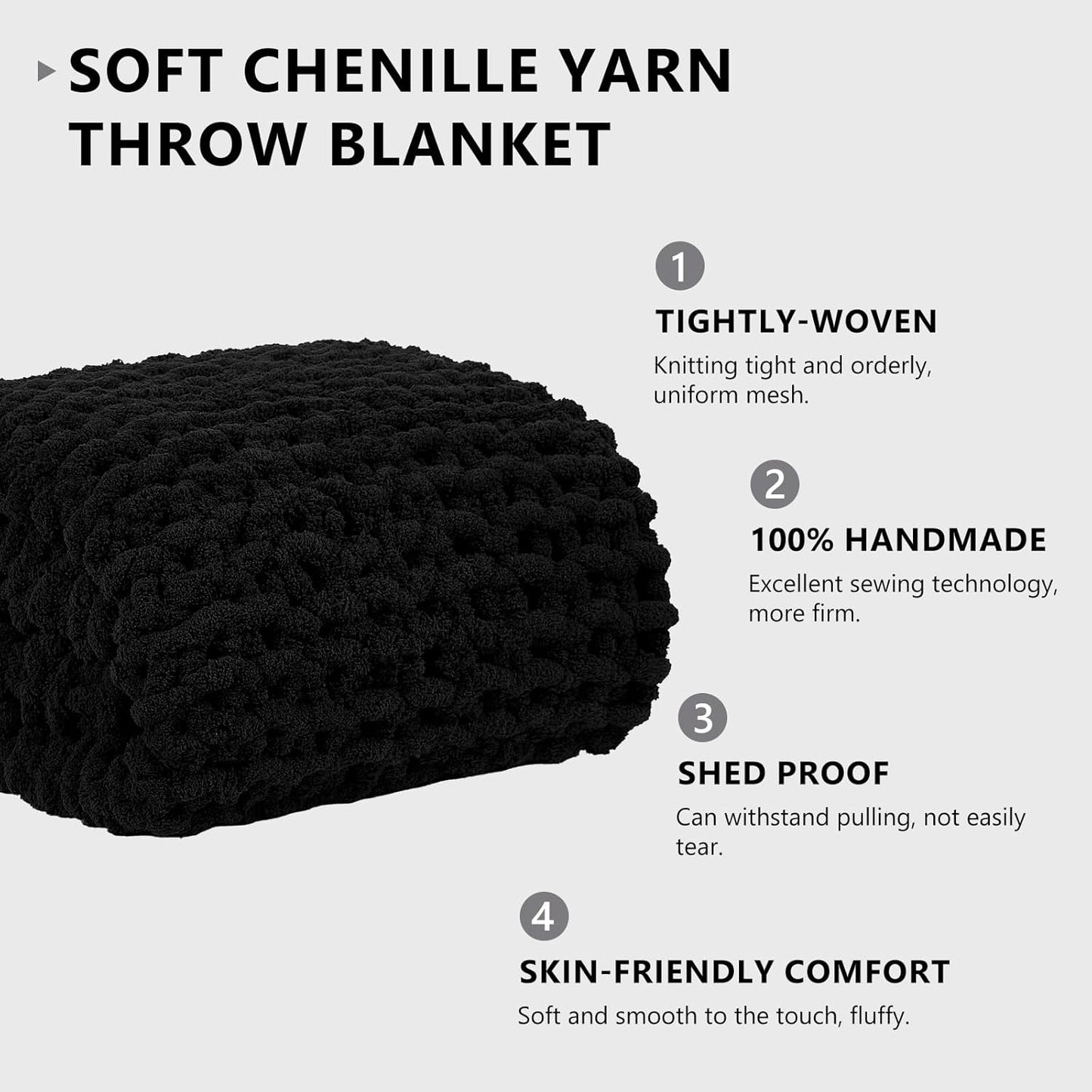L'AGRATY Chunky Knit Blanket Throw: Soft Chenille Yarn Throw Blanket 50x60 - Handmade Thick Cable Crochet Blanket - Large Chunky Rope Throw Blanket for Couch Sofa Bed Home Decor(Black)