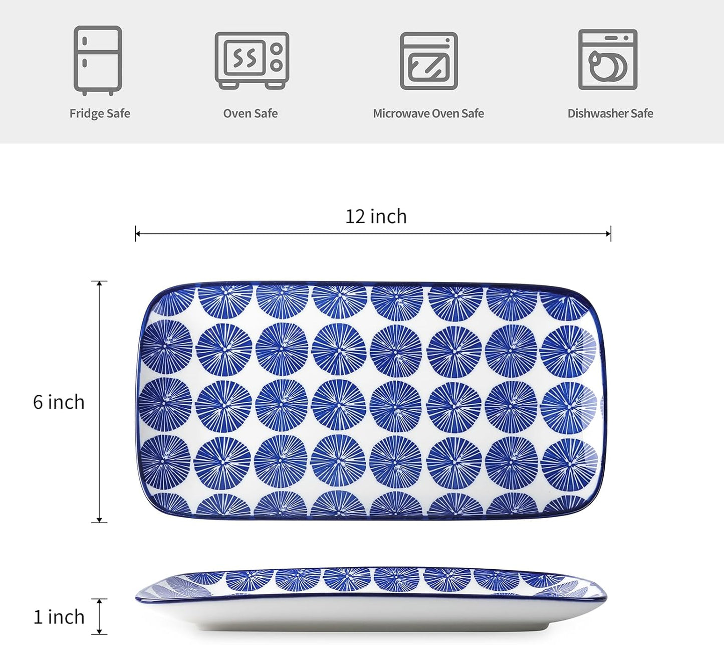 Selamica Ceramic Rectangular Serving Platters Set of 4, 12 Inch Serving Trays/Dishes for Party Entertaining, Rectangular Dinner Plates for Appetizer Salad Dessert Sushi, Vintage Blue