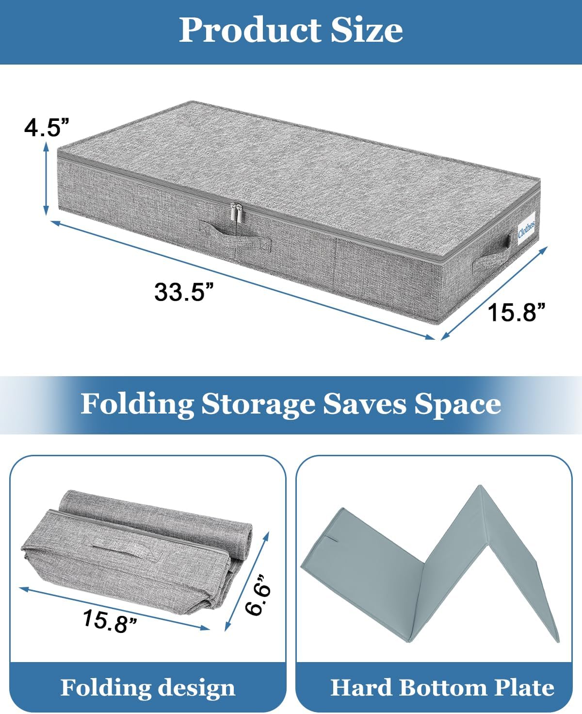 Cirhy Under Bed Storage Containers, 4.5 Inch Tall Low Profile Under Bed Storage with Sturdy Sidewalls & Bottom, UnderBed Storage for Clothes,Shoes, Pillow, Blankets Organizer, 2 Pack Grey