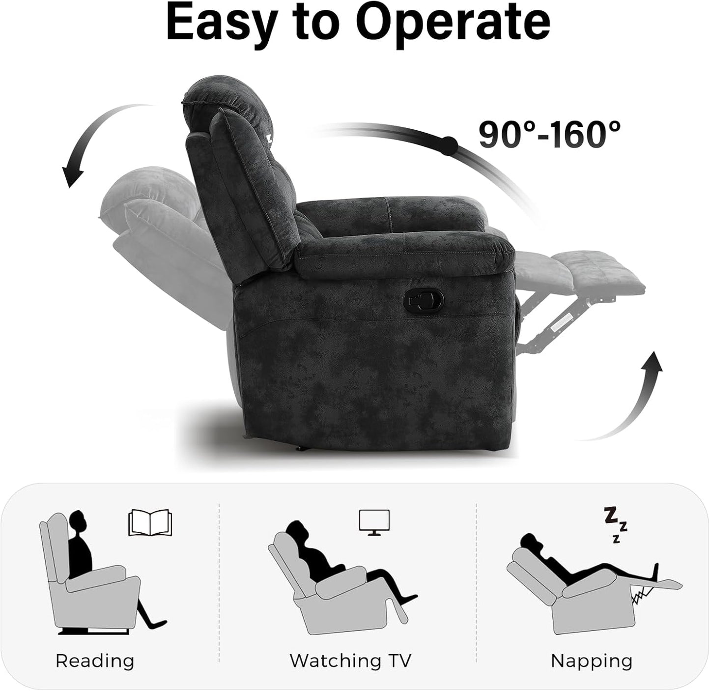 EBELLO Manual Recliner Chair, Soft Fabric Recliner Sofa with Overstuffed Armrest and Backrest for Living Room, Bedroom, Grey