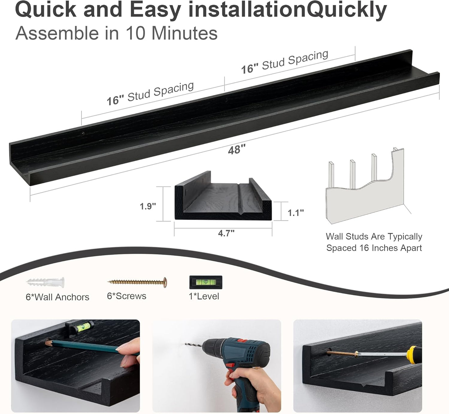 Floating Picture Ledge Shelves 48 Inch Solid Oak Wood Set of 2, Rustic Wall Storage Shelves with Lip, Kids Bookshelf, Photo & Picture Ledge Shelves for Bedroom, Living Room, Kitchen