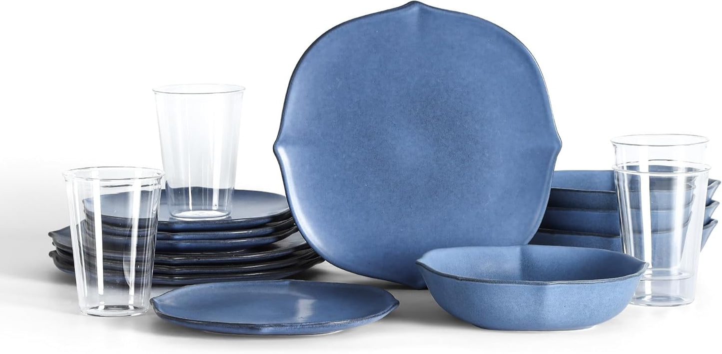 Stone Lain Baskerville 16-Piece Dinnerware Set Stoneware, Borosilicate Glass, Blue