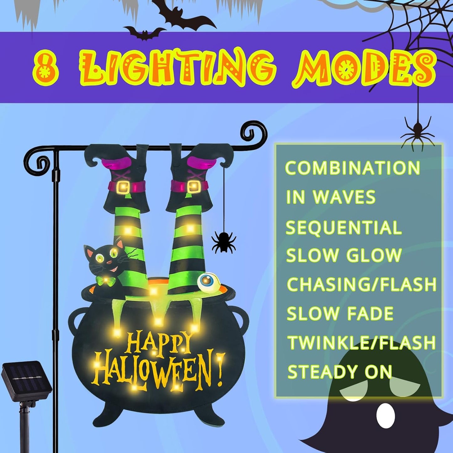 Halloween Lighted Garden Flag for Outside, Witch Feet Shape Flag Yard Decor, 8 Modes Double Sided Cauldron Eyeball Black Cat Outdoor Hlloween Decorations for Home Porch (Warm White-28x40)