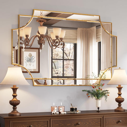 Kelly Miller 32"x48" Large Gold Mirror for Wall, Modern Decorative Mirror Rectangle Wall Vanity Mirror Bevelled Full Length for Bathroom Living Room Bedroom Farmhouse Fireplace Entryway