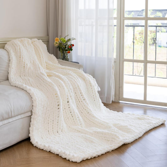 Chunky Knit Blanket - Luxury Soft Cozy Extra Large Size (80 * 90) Throw Blanket,100% Woven Blanket Rope Knot Throw Blanket for Couch, Sofa, Home Decor, Gift - Machine Washable（Milk White ）