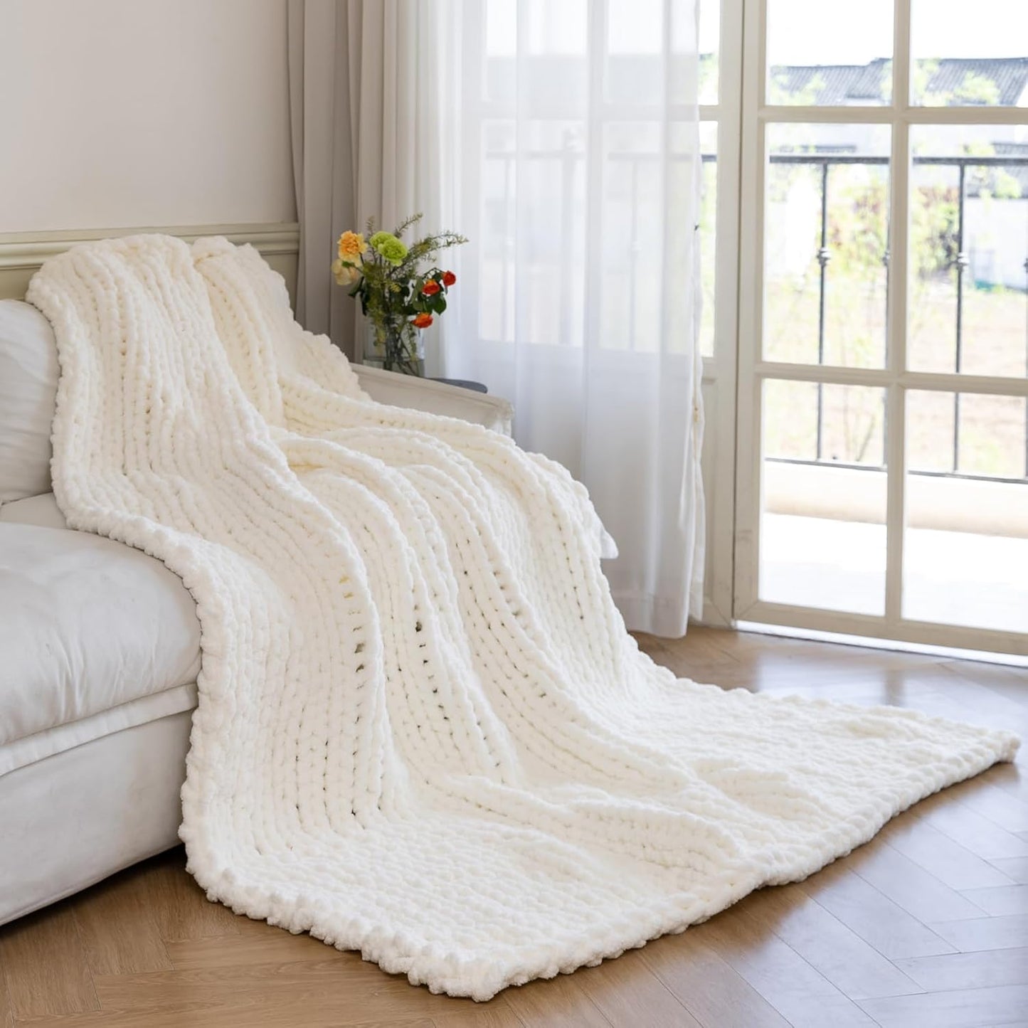 Chunky Knit Blanket - Luxury Soft Cozy 60 * 80 Throw Blanket,100% Woven Blanket Rope Knot Throw Blanket for Couch, Sofa, Home Decor, Gift - Machine Washable（Milk White）