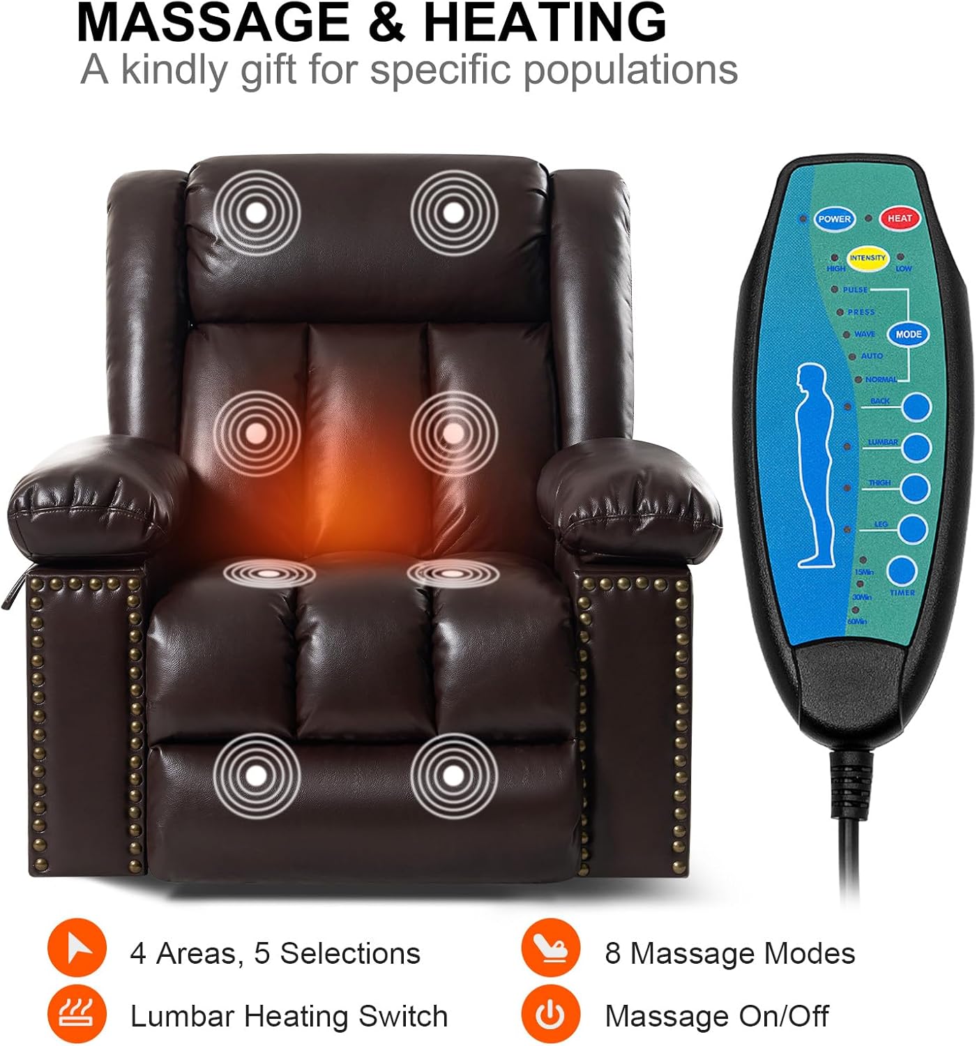 Electric Power Lift Recliner Chair for Elderly with Heat & Massage, Large Breathable Leather Reclining Chairs w/2 Concealed Cup Holders for Seniors Home Living Room,Bedroom,1PC,Brown