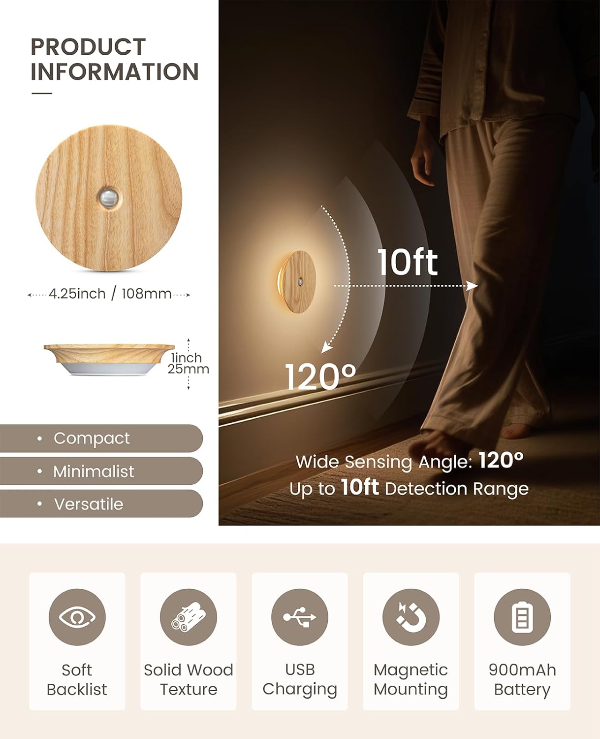 Motion Sensor Night Light Wood Rechargeable Battery-Powered Stick-On Step Lights Magnetic Closet Lights Warm Nightlight for Hallway Bedroom Stair (Ash Wood)