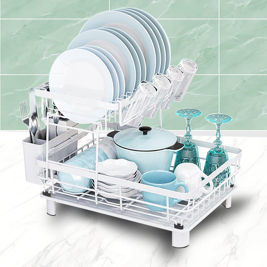 GAXmi Dish Drying Rack Over The Sink Drainer with Drainboard Utensil Holder Cup Holder, 2-Tier White