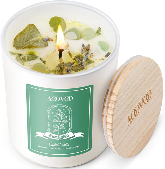 AOOVOO Eucalyptus Mint Scented Candles for Women - Aromatherapy Candle with Crystals Inside, 10oz Soy Candles for Home Scented, Mothers Day Birthday Gifts Candle for Women Mom