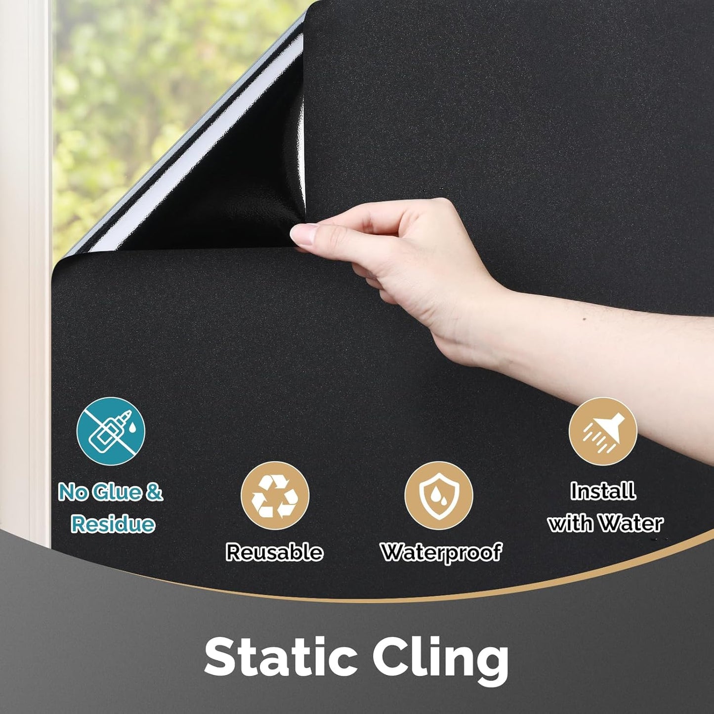 DOWELL Blackout Window Film, 100% Light Sun Blocking Static Cling Frosted Privacy Film for Glass, Heat Control Removable Window Tint, Room Darkening Cover for Day Sleep, Black, 17.5" x 118.1"