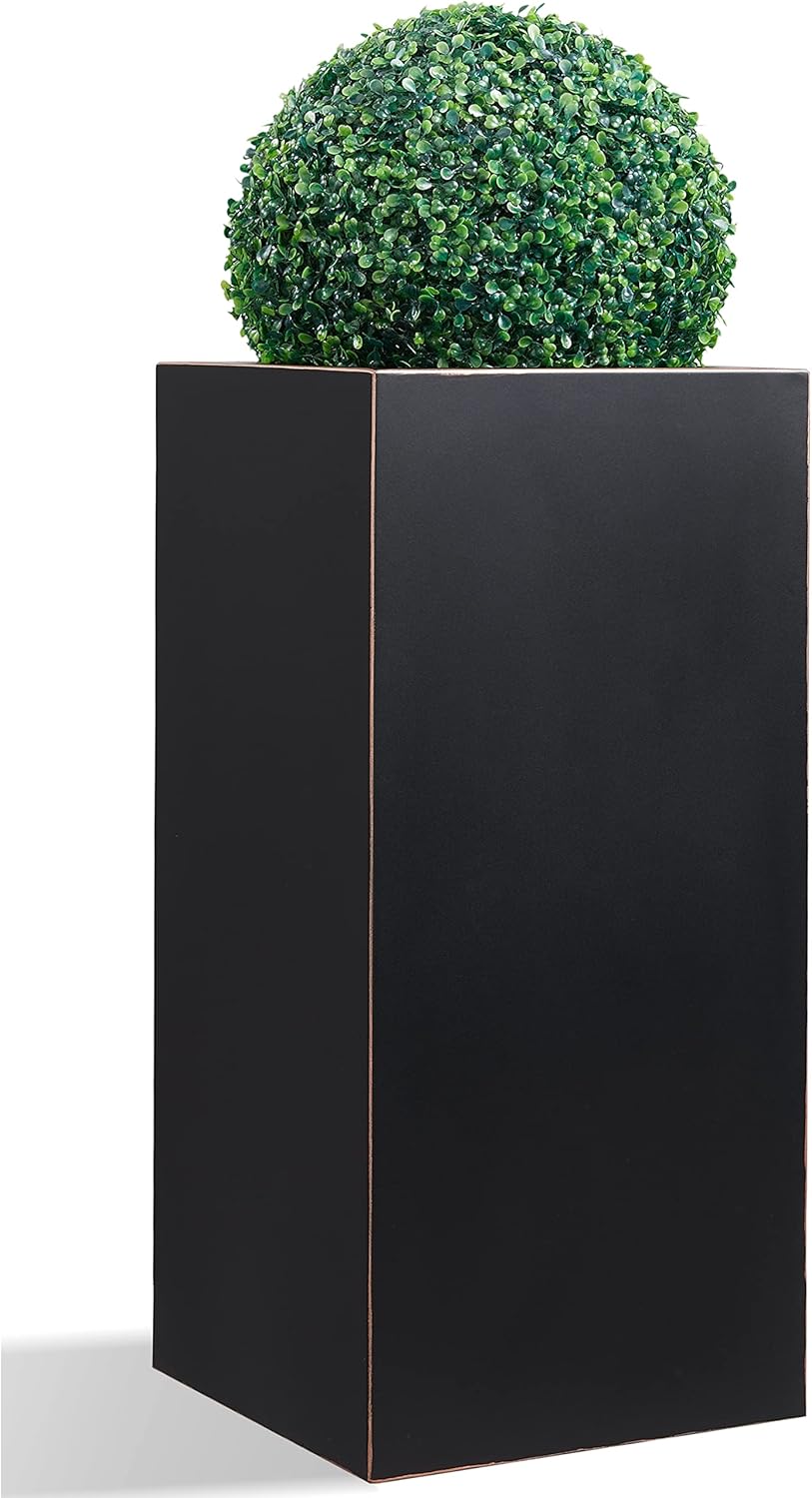 Metallic Heavy Tall Outdoor/Indoor Planter Box 14Lx14Wx30H Inches Rectangular Large Flowerpot, Tall Metal Planter Box for Front Porch ‎25 Pounds, No Assembly Required, Black, 1 Pack
