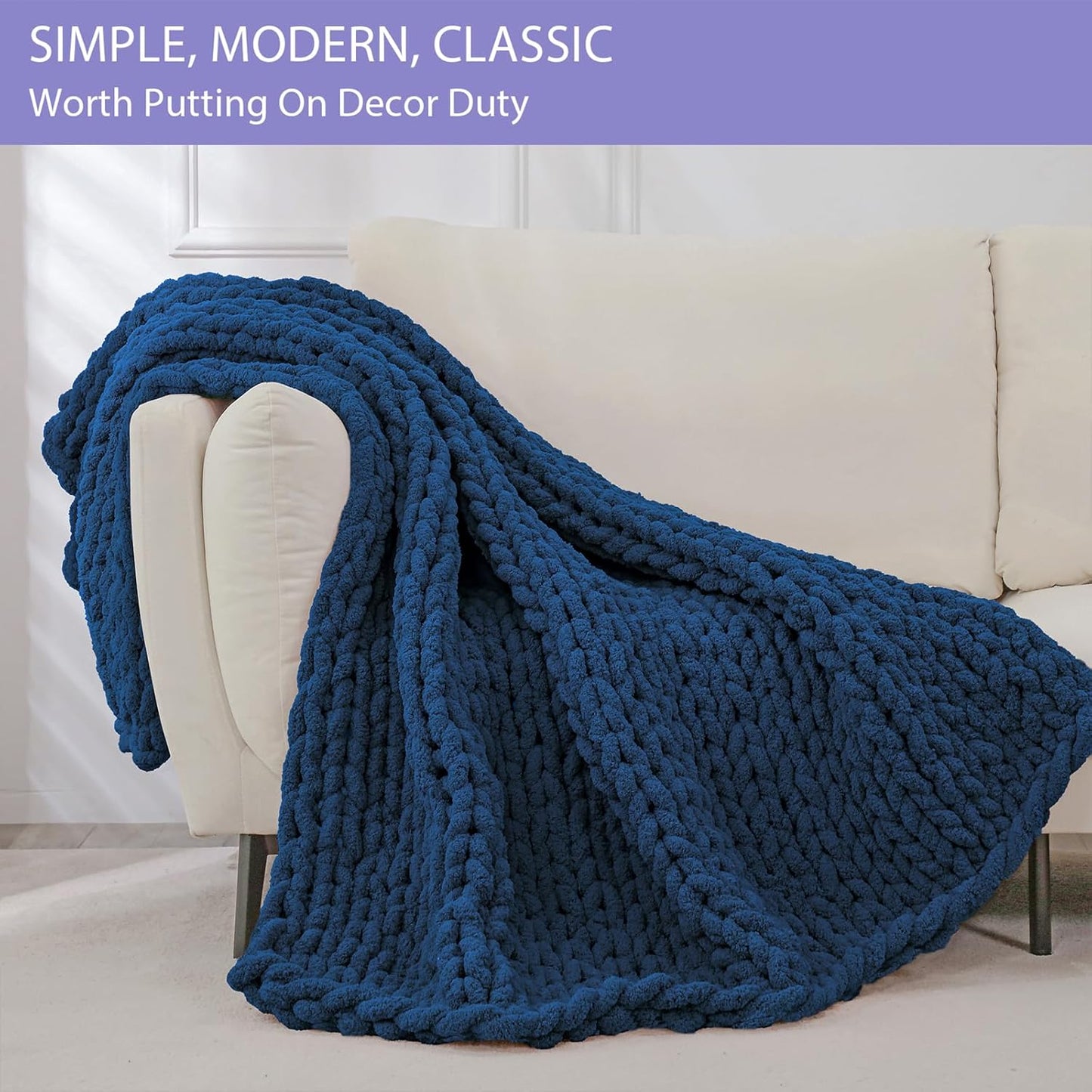 Bigacogo Chunky Knit Throw Blanket for Couch, 51x63 inches, 100% Hand Knitted with Thick Jumbo Chenille Yarn, Cozy Soft Large Rope Knot Cable Crochet Blankets for Sofa Bed Living Room, Navy Blue