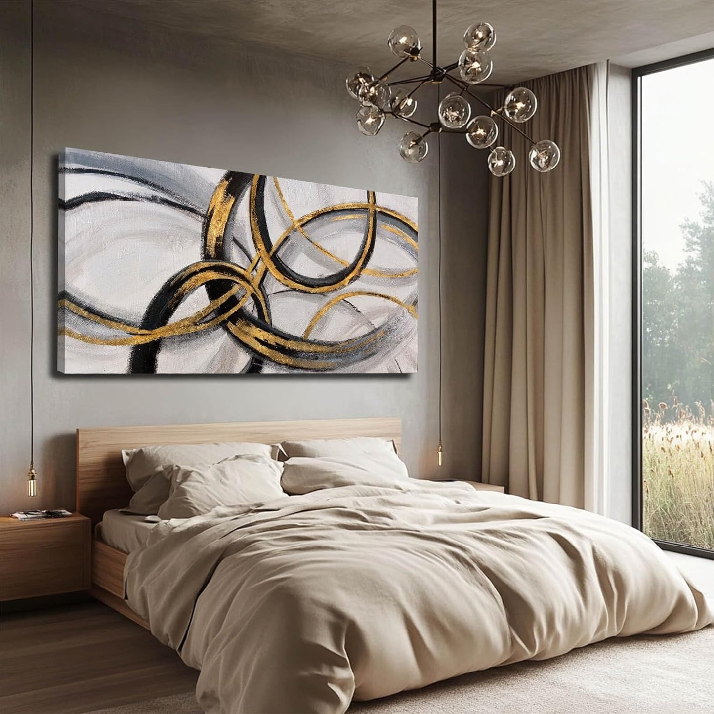SOUGUAN Living Room Decor for Wall Abstract Wall Art 30x60in Black and Gold Wall Art Round Ring Wall Decoration for Bedroom Dining Room Home Office Ready to Hang