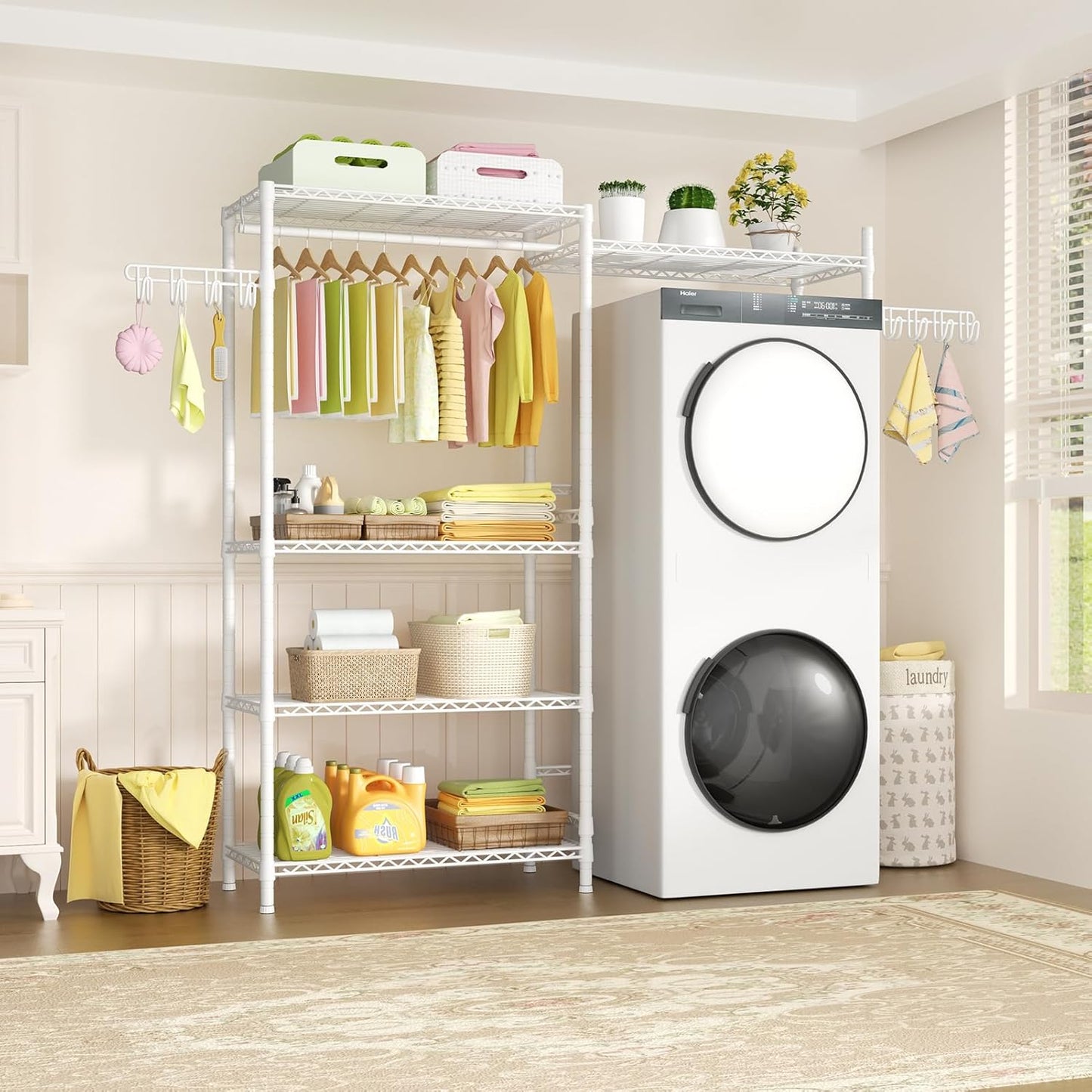 Ulif U6 Clothes Drying Rack, 5-Tier Over Washer and Dryer Laundry Room Storage and Organizer, Heavy-Duty Space Saver, 65.3" W x 13.4" D x 77.5" H, White